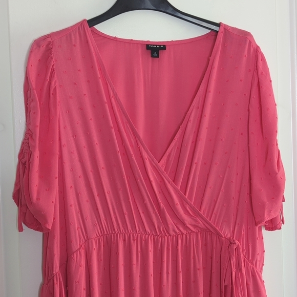 Torrid Barbiecore Faux Wrap Swiss Dot Midi Dress Honeysuckle Pink 2X - Picture 5 of 14